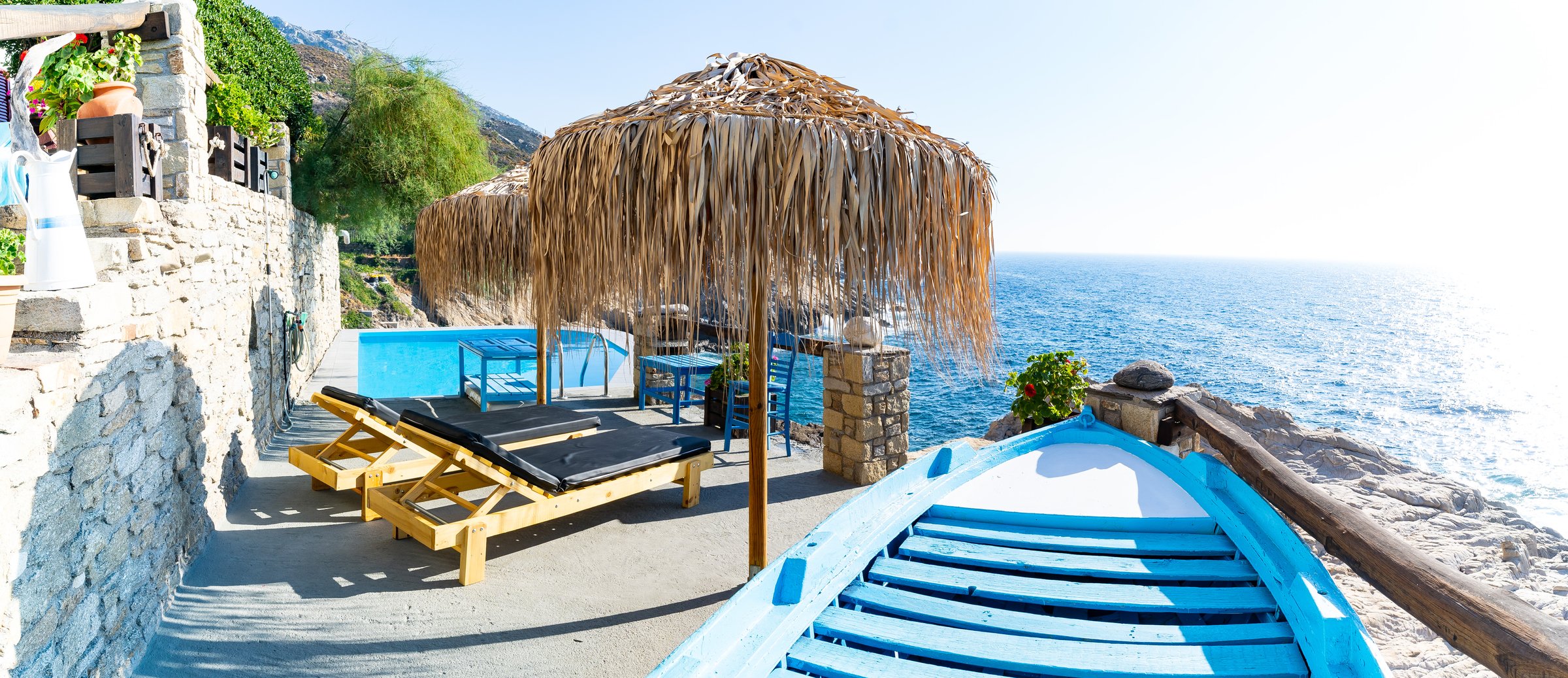 The private seafront terrace overlooking the Aegean